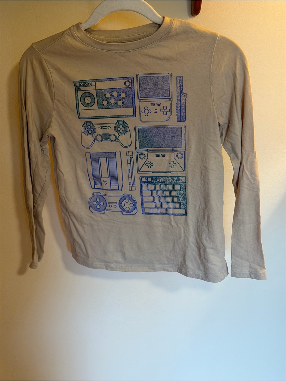 Kid’s Beige long-sleeve Tee with gaming graphics